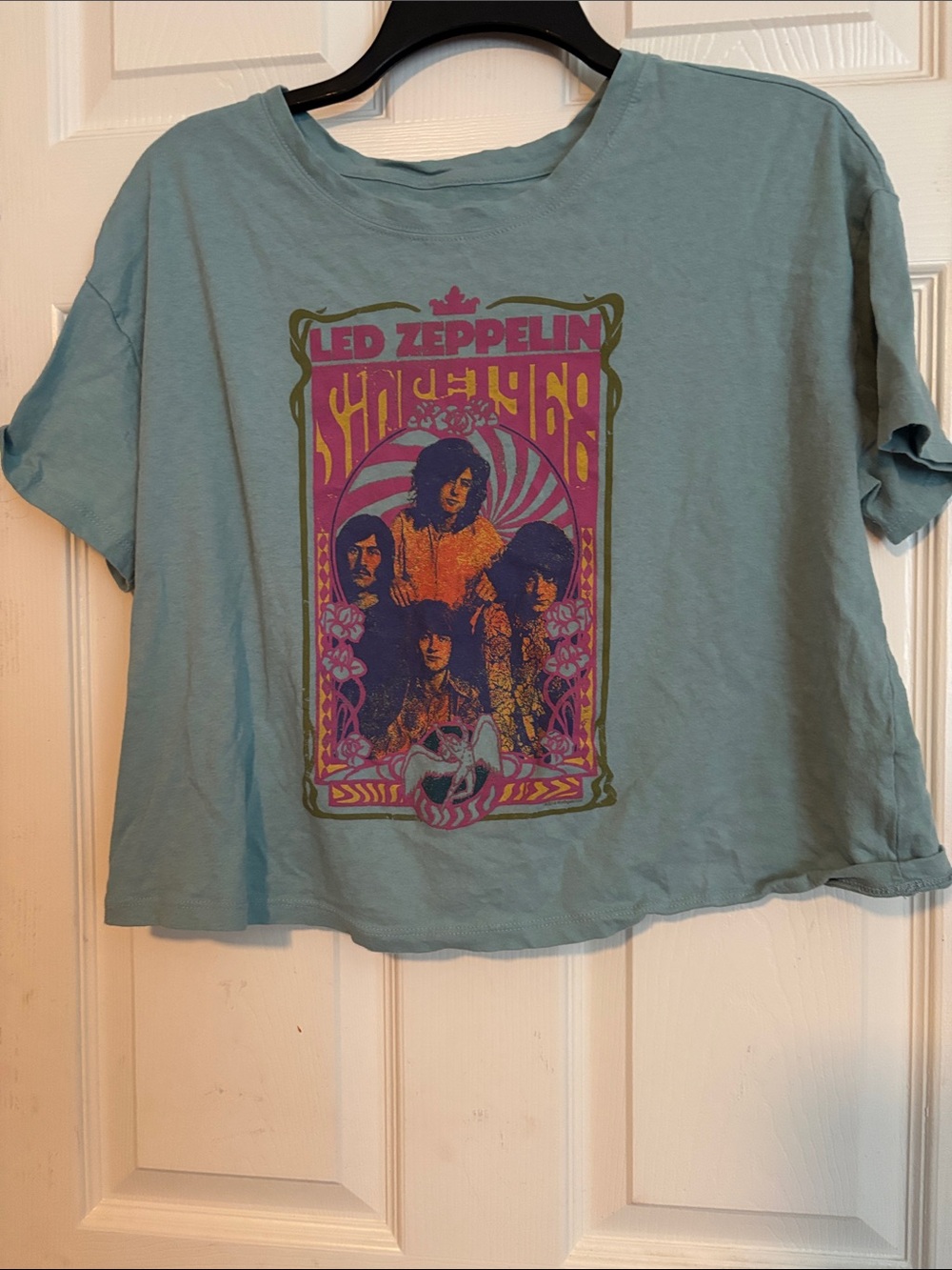 Old Navy Light Blue Vintage Band Crop Top with Multicolor Graphic
